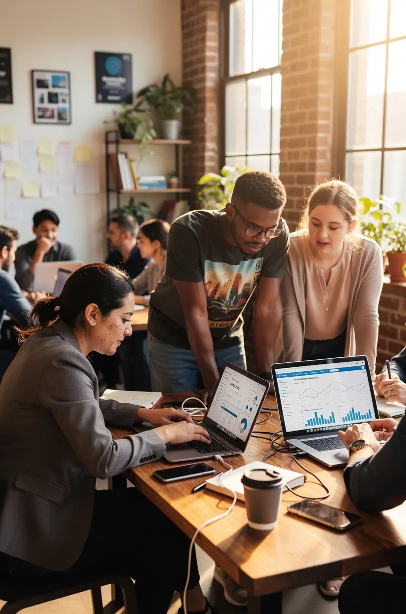 Team collaboration on project management concepts graphic